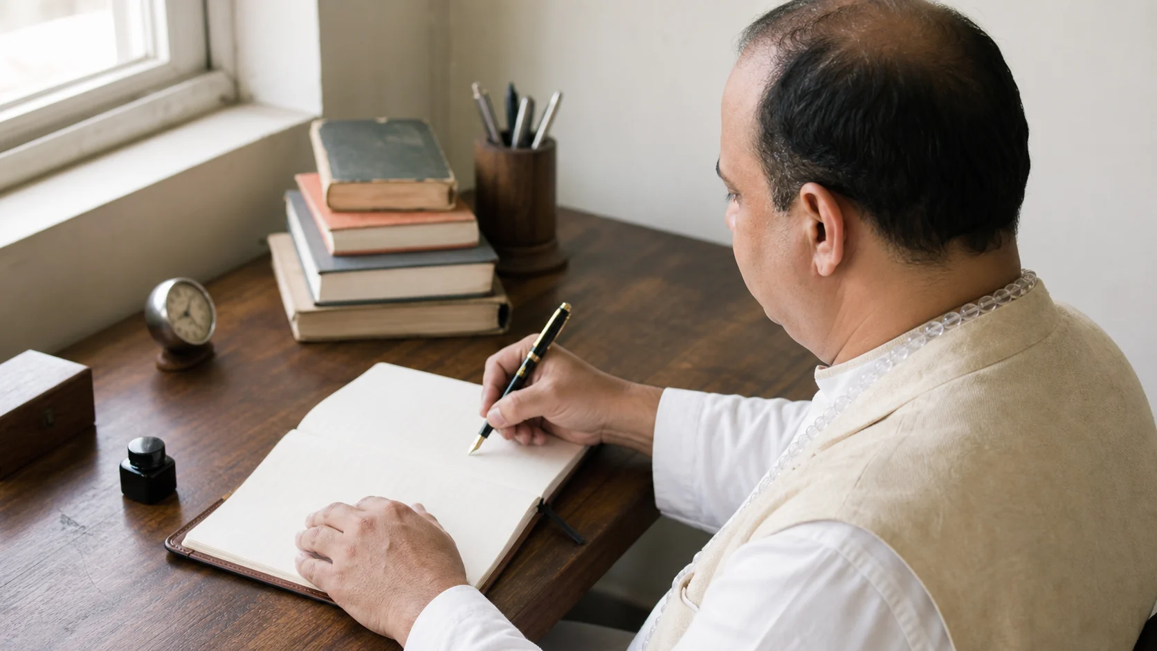 Bheem Sain writing at his desk in natural window light
