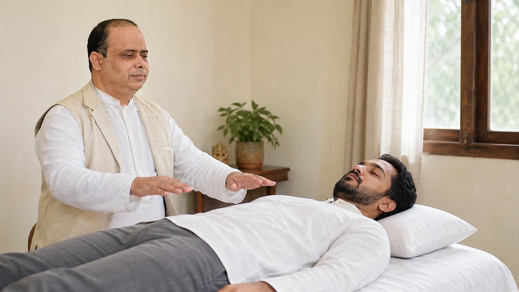 Bheem Sain conducting a Reiki session beside a fully clothed recipient resting on a treatment table