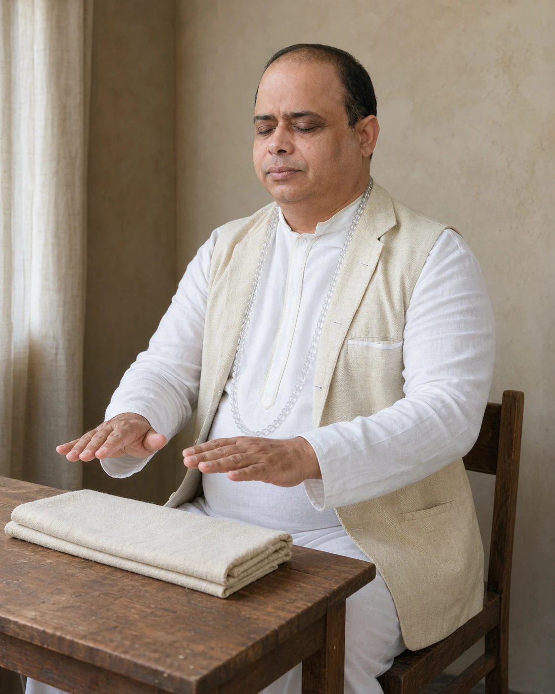 Bheem Sain conducting a distance Reiki session alone with his eyes closed